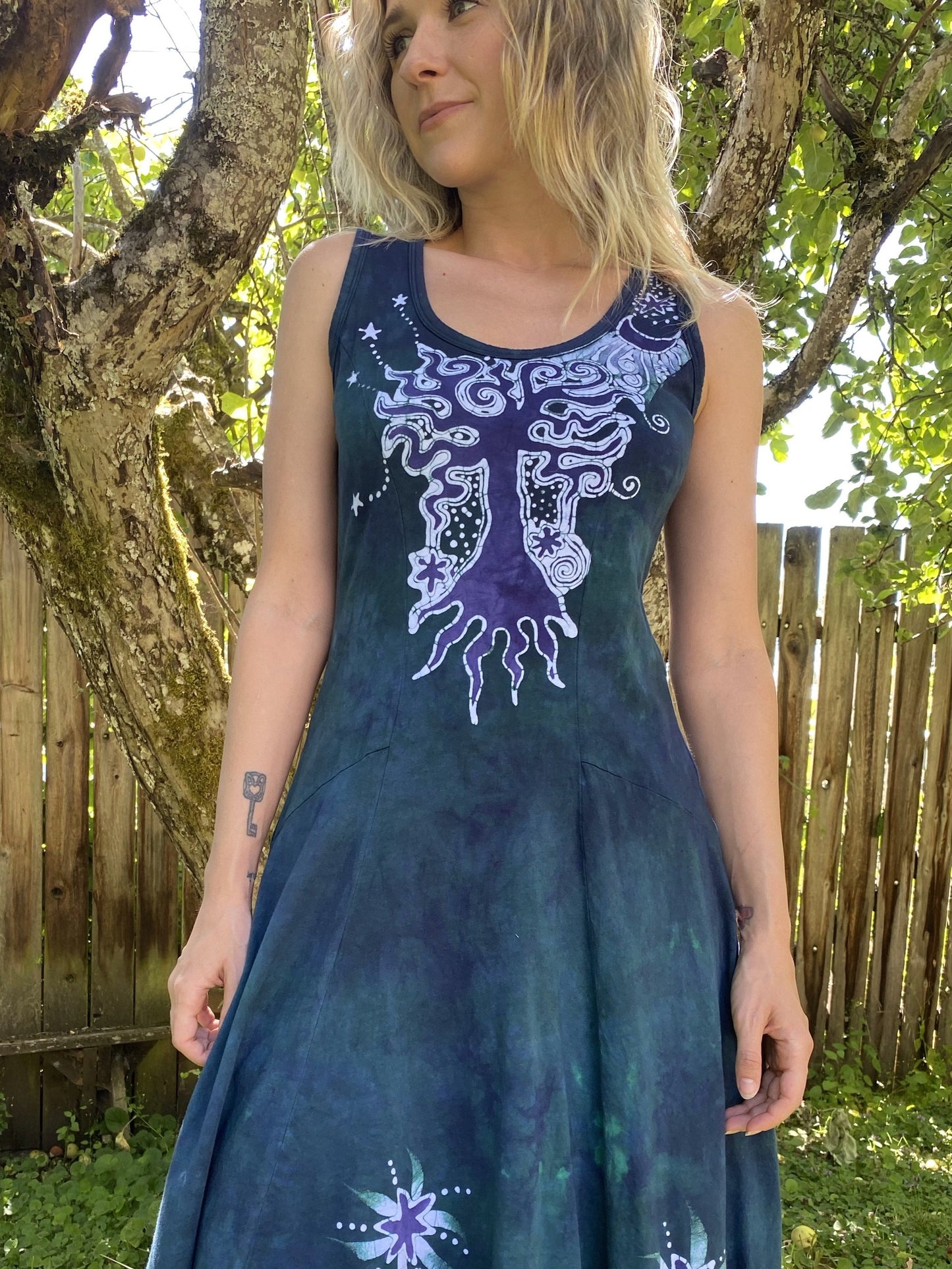 Teal and Purple Tree Loves The Moon Boho Batik Dress Batik Dresses Batikwalla 