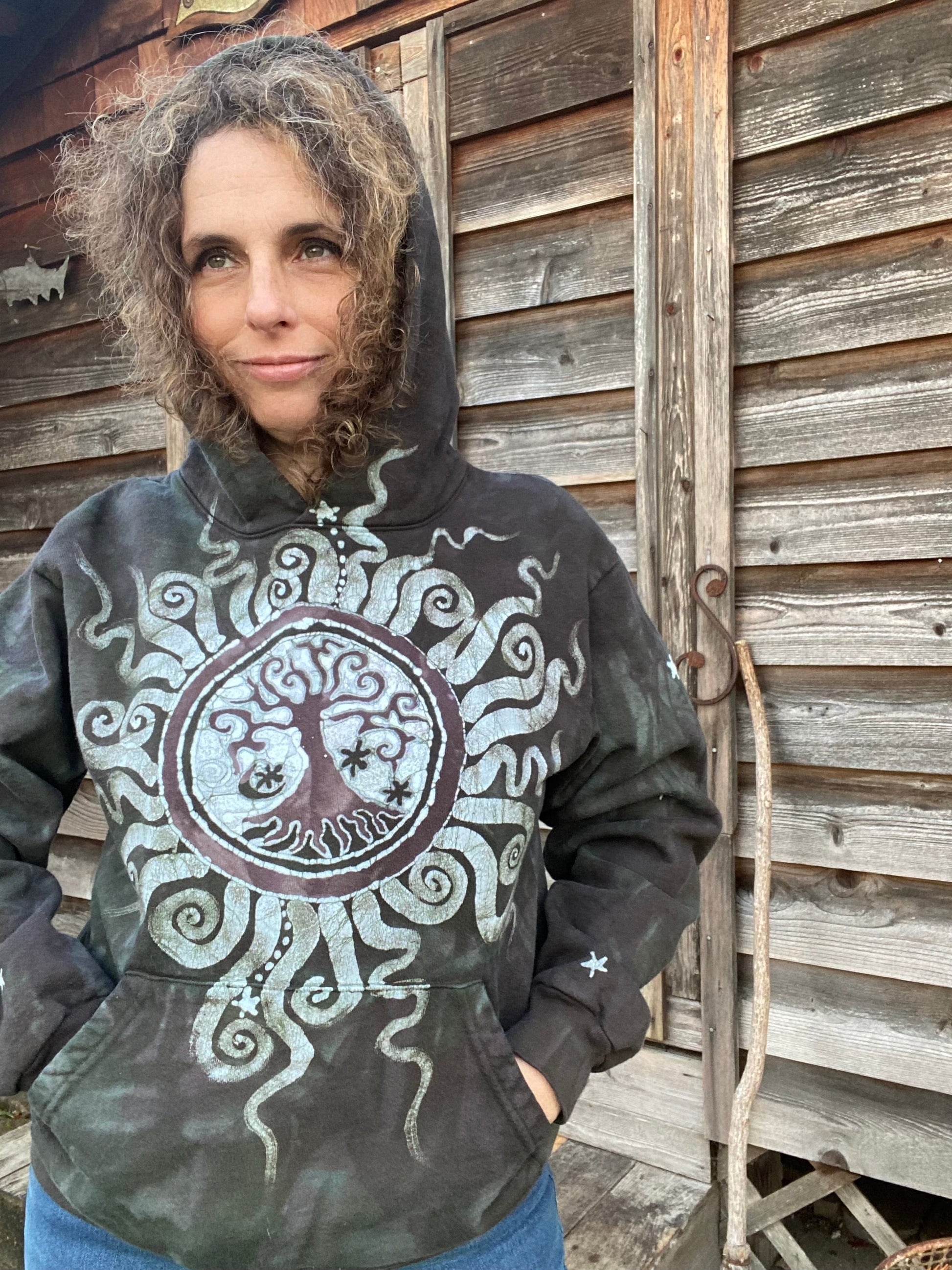 Olive Tree of Life - Handcrafted Batik Pullover Hoodie hoodie batikwalla Small 