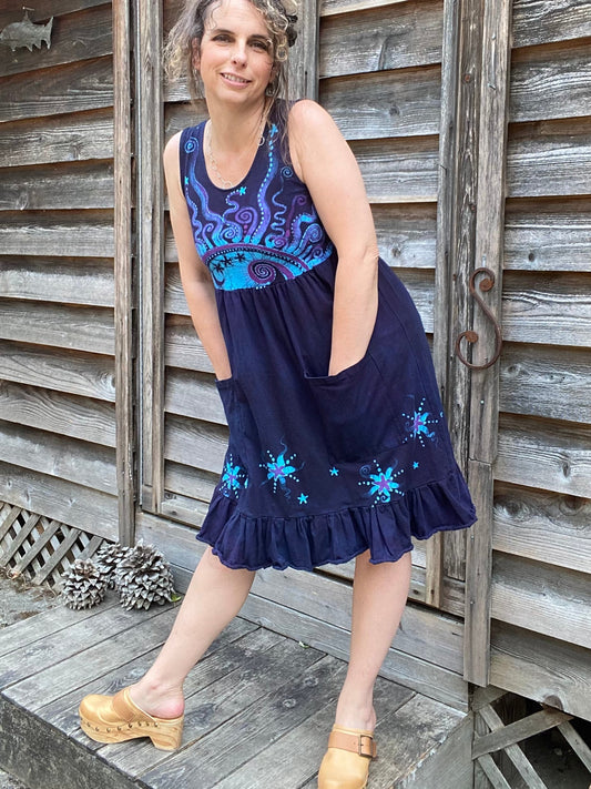 Mystic Moonlight with Turquoise Sunrise - Farmer's Market Pocket Dress - Size Small Batik Dresses Batikwalla 