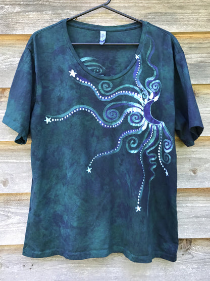 Teal and Purple Moonbeams Handmade Batik Scoop Neck Tshirt - Size Large