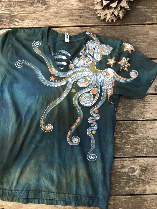 Peach and Teal Moonbeams Hand Painted Batikwalla Vneck Tshirt - Unisex Tshirts batikwalla 