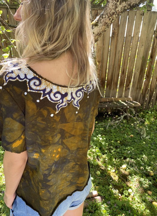 Moon Flames Necklace Semi-Crop Organic Cotton Handmade Batik Top - Medium/Large Batik Dresses Batikwalla 