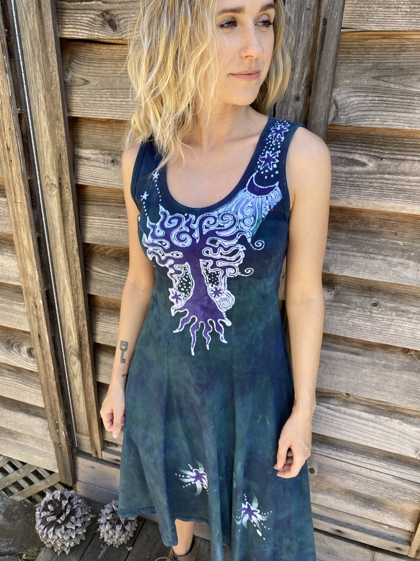 Teal and Purple Tree Loves The Moon Boho Batik Dress Batik Dresses Batikwalla 