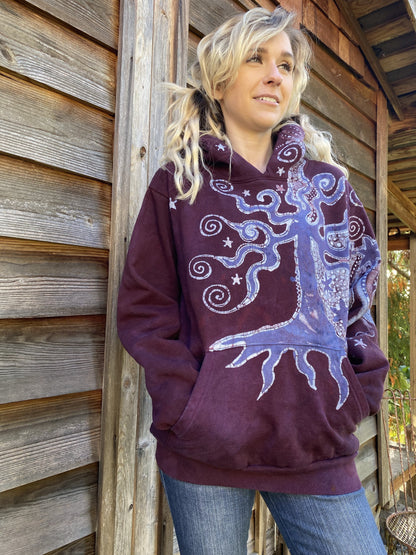 Tree Moon Magic All Around Me in Burgundy Purple Pullover Hoodie - Handcrafted Batik - Size SMALL hoodie batikwalla 