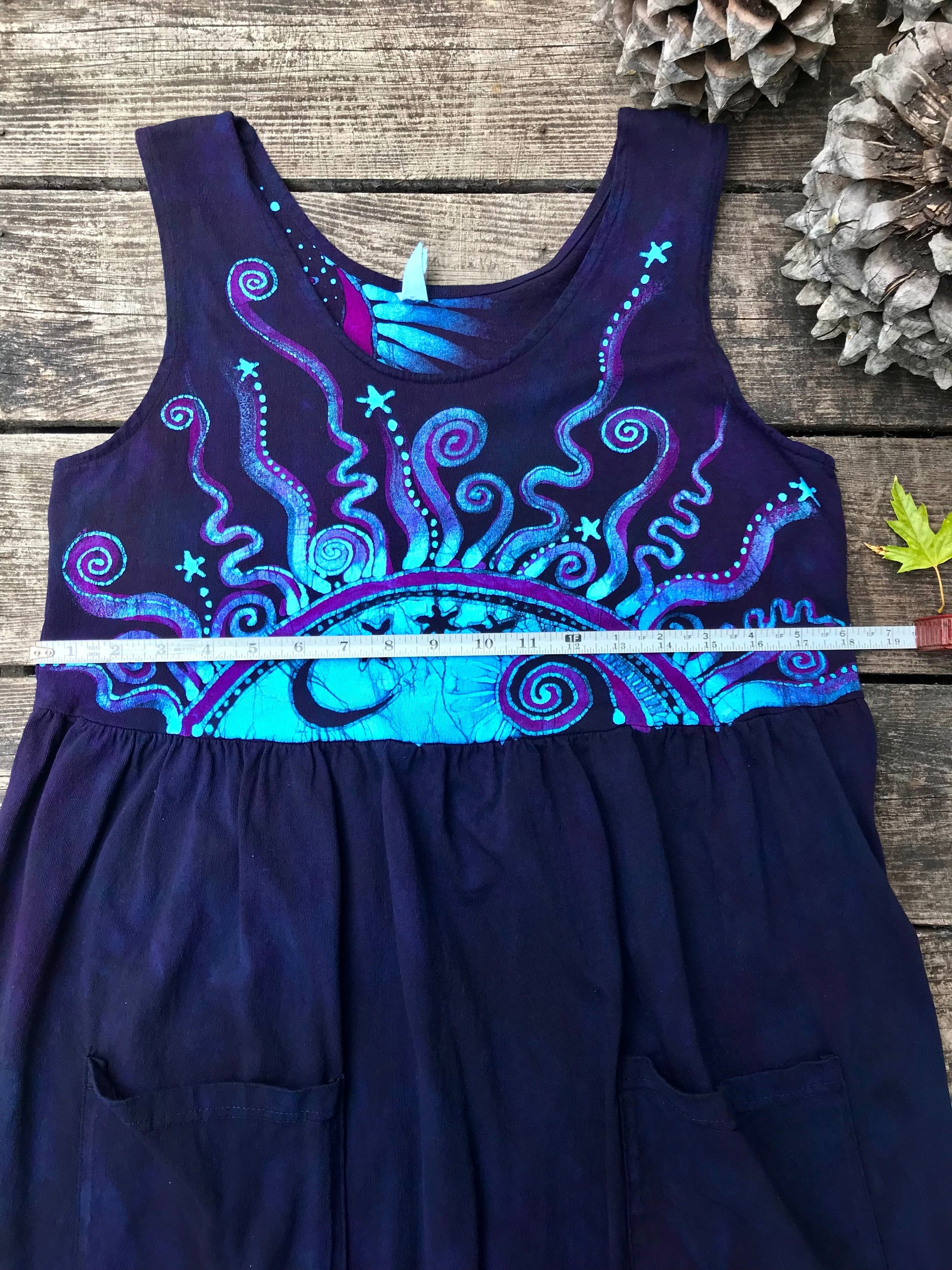 Mystic Moonlight with Turquoise Sunrise - Farmer's Market Pocket Dress - Size MEDIUM Batik Dresses Batikwalla 