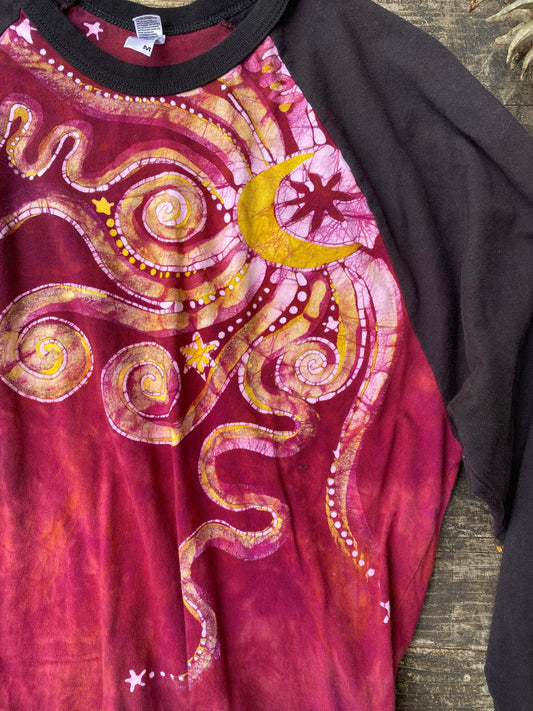 Sunshine and Merlot Moon Swirls Black Raglan 3/4 Sleeve Batik Top Batikwalla XL 