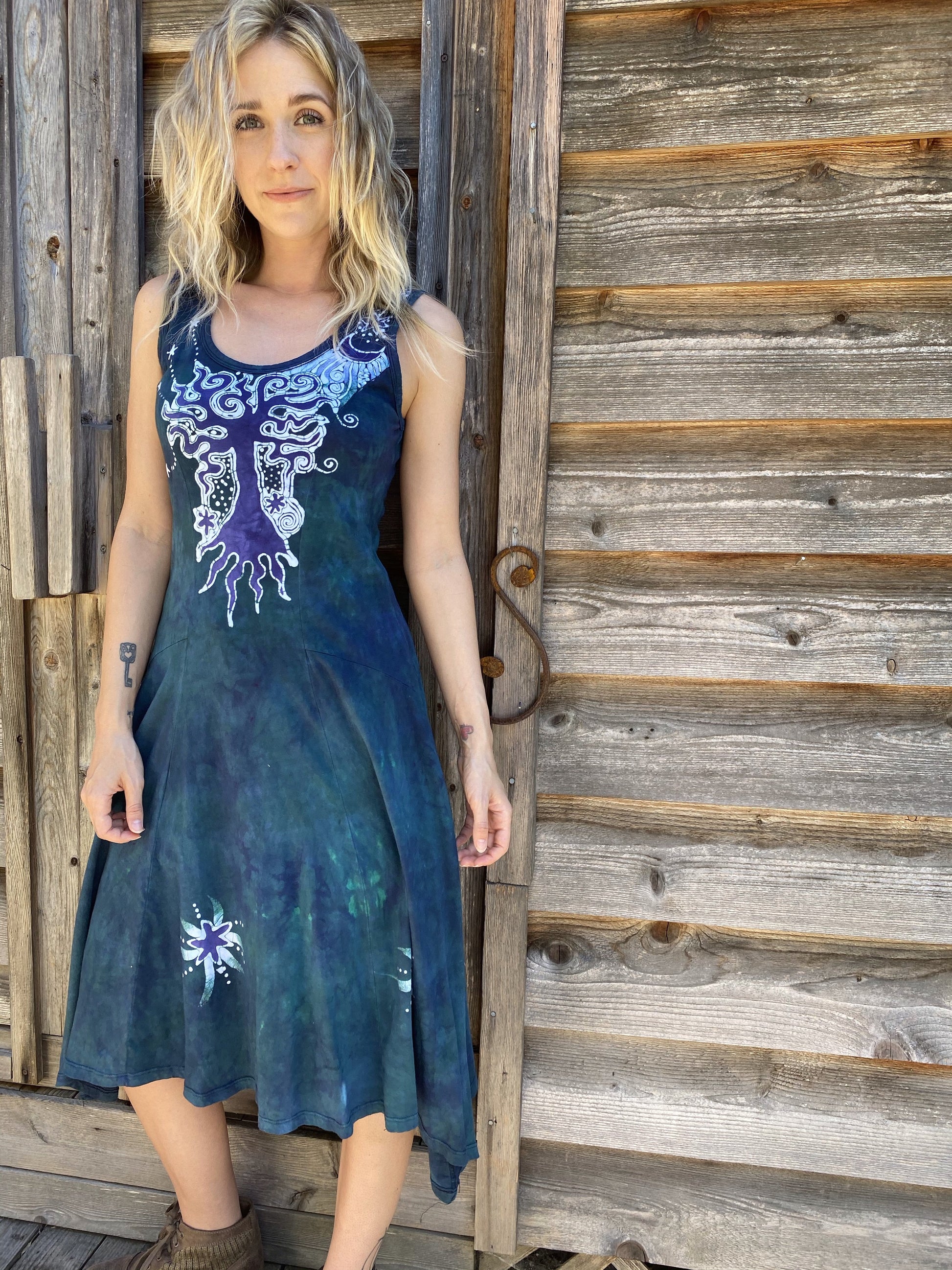 Teal and Purple Tree Loves The Moon Boho Batik Dress Batik Dresses Batikwalla 