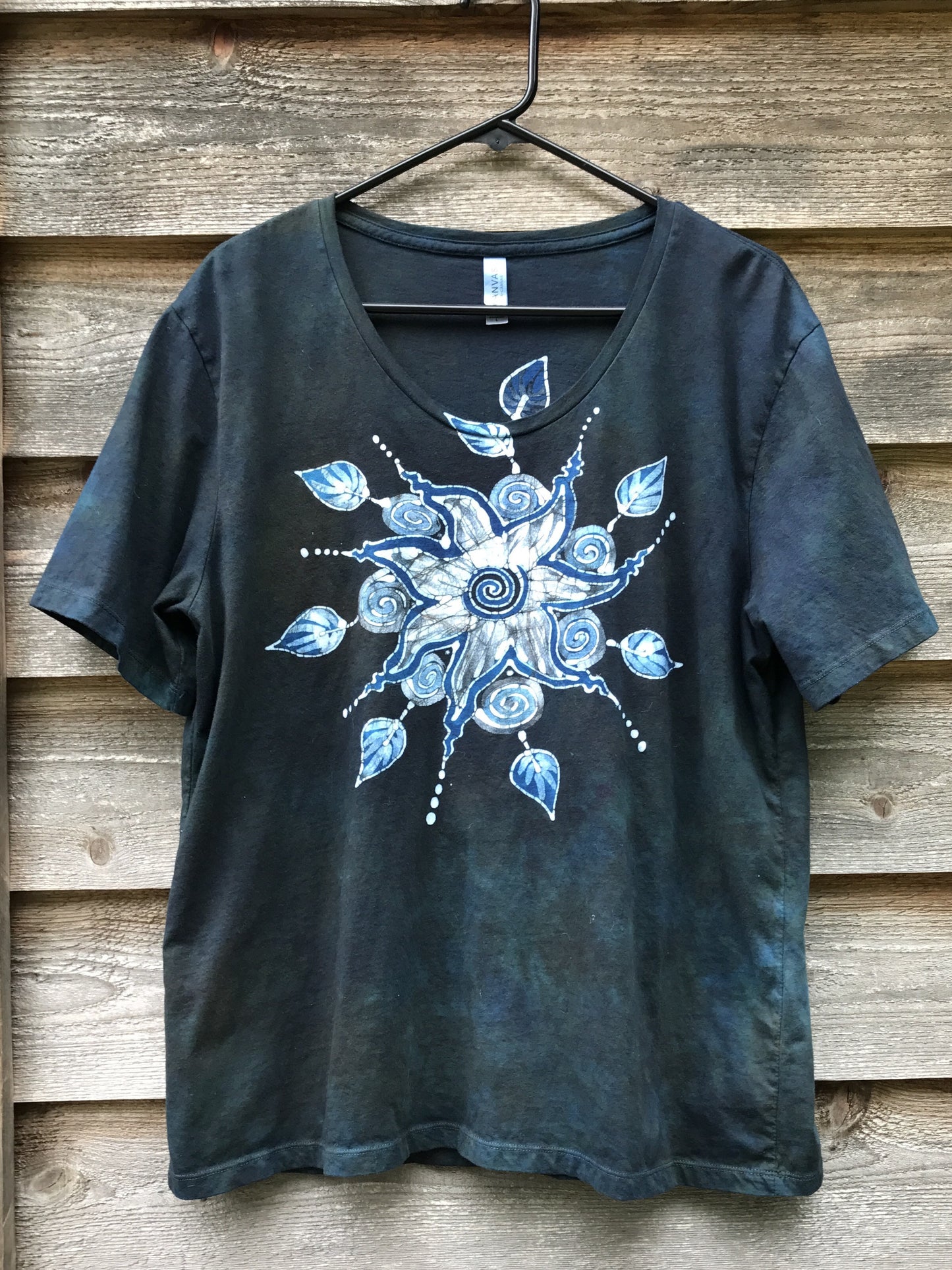 Swirling Leaves Handmade Batik Scoop Neck Tshirt - Size Large