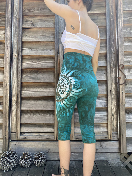 Teal Tree of Life Batik CAPRI Yoga Pants - Size Small ONLY leggings batikwalla 