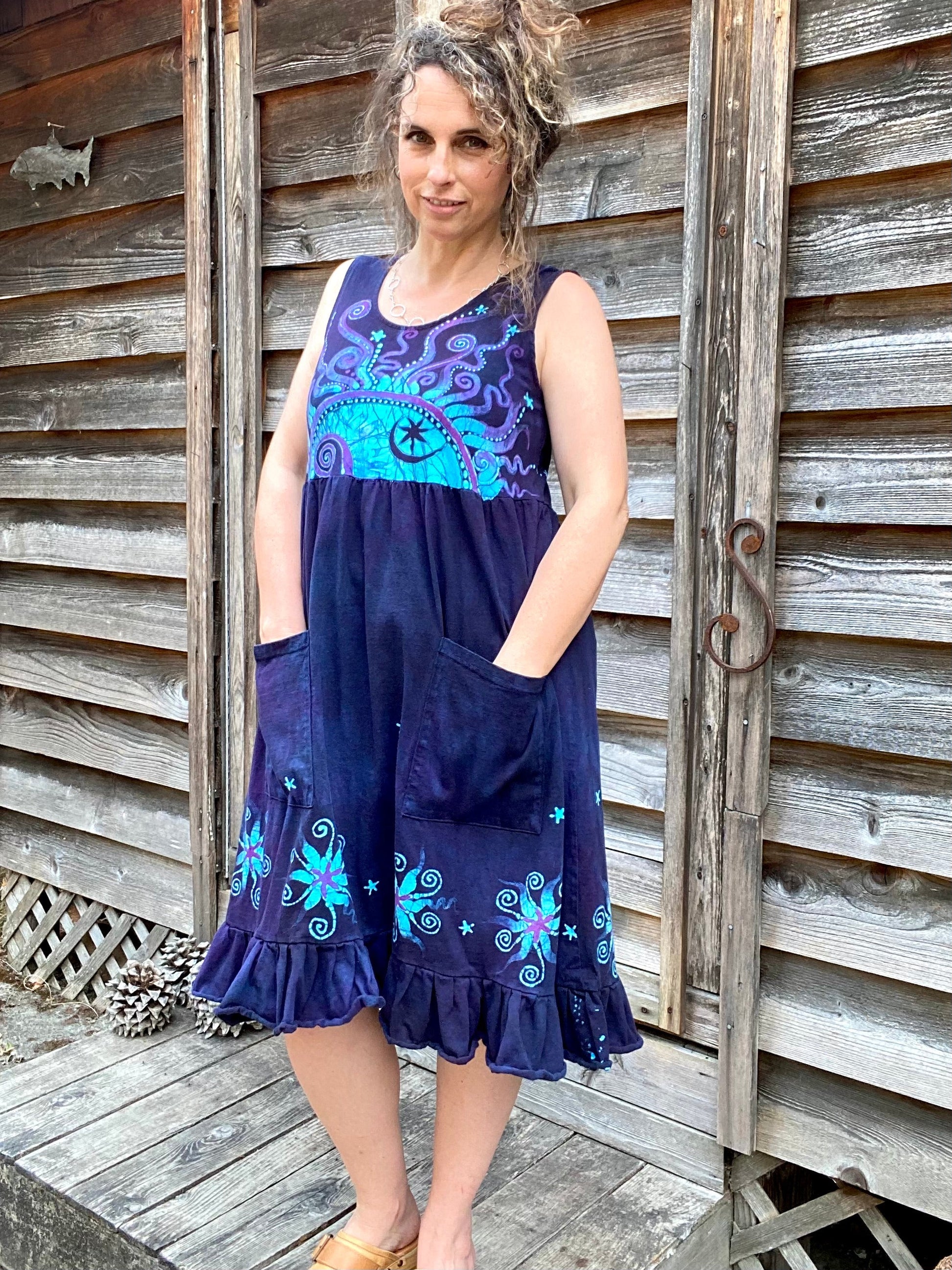 Mystic Moonlight with Turquoise Sunrise - Farmer's Market Pocket Dress - Size MEDIUM Batik Dresses Batikwalla 