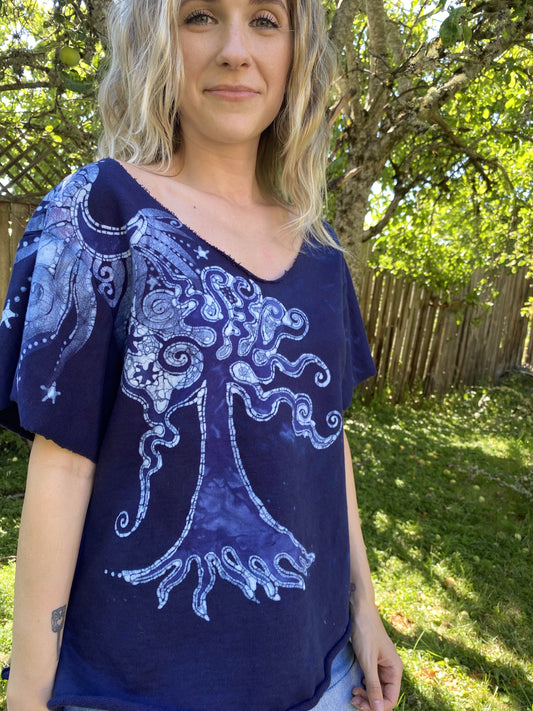 Midnight Blue Moon & Tree Organic Cotton Handmade Batik Top Medium/Large Batik Dresses Batikwalla 