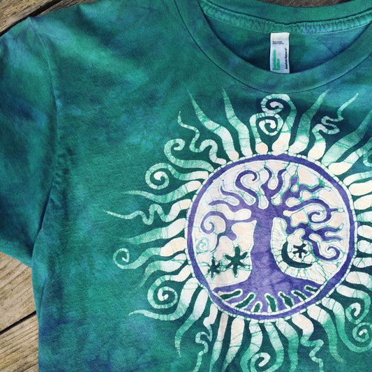 Teal and Purple Tree of Life Handmade Batik Tshirt - Batikwalla 
 - 1