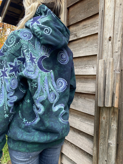 Tree Moon Magic Is Everywhere in Teal and Purple Pullover Hoodie - Handcrafted Batik hoodie batikwalla 