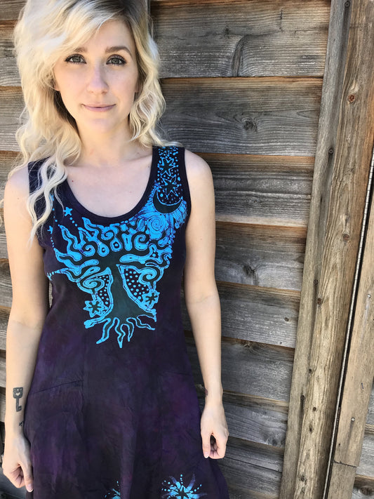 Forest Pansy Purple Boho Batik Summer Sundress Batik Dresses Batikwalla 