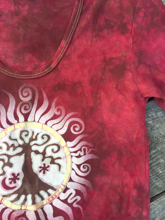 Campfire Red Tree of Life Sun Yoga Tee - Batik Print - Batikwalla 
 - 1